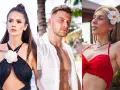 Trzy osoby na tle tropikalnego hotelu. Kobieta w czarnym stroju kąpielowym, mężczyzna w białej koszuli i kobieta w czerwonym bikini. Hotel Paradise 12.