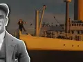 Młody mężczyzna w czapce i garniturze obok sceny z filmu Titanic, gdzie para stoi na dziobie statku.