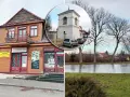 Drewniany budynek z szyldem "Nacho" i dzwonnica, gdzie nagrywali nowego znachora. W tle staw i drzewa.