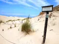Plaża z wydmami i znakiem "Obszar objęty ścisłą ochroną". Może to miejsce, gdzie kręcono Seks-misję, z charakterystycznymi, surowymi krajobrazami.