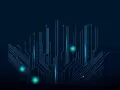 Niebieskie linie obwodu drukowanego na ciemnym tle.
