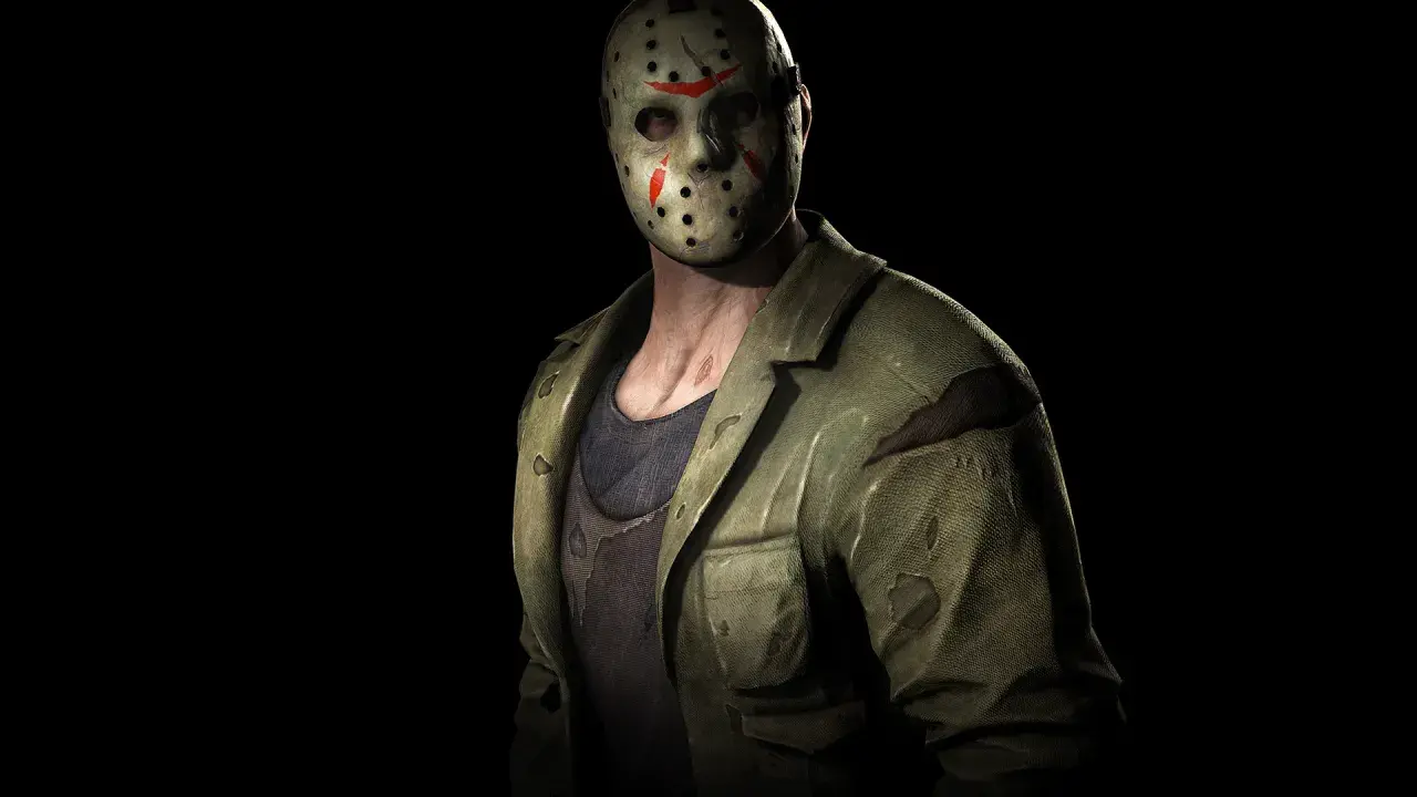 Jason Voorhees w swojej charakterystycznej masce hokejowej i zniszczonej kurtce, gotowy do akcji.