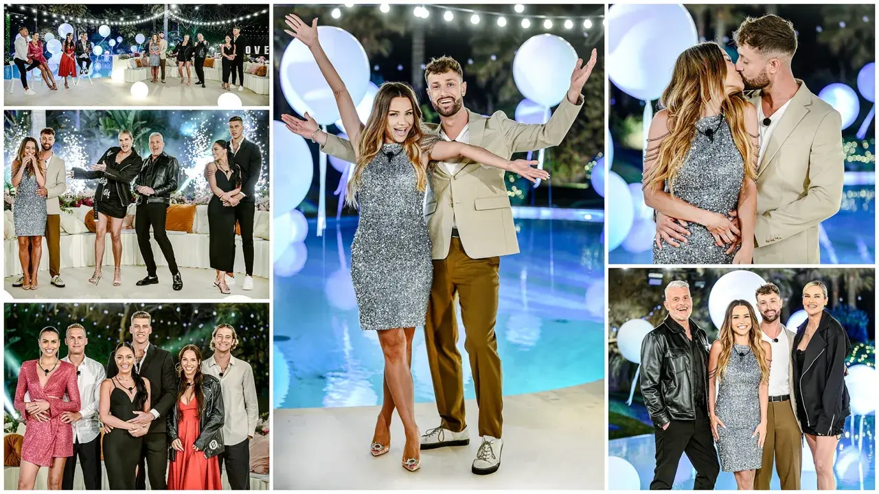 Uczestnicy Love Island 7 w błyszczących kreacjach i eleganckich garniturach pozują do zdjęć. Widać pary, które się całują i grupy przyjaciół.