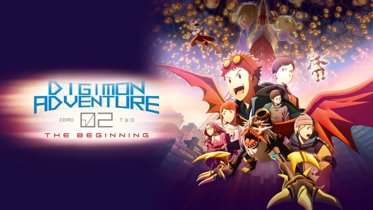 Grupa młodych bohaterów i ich Digimonów w mieście, z logo "Digimon Adventure 02: The Beginning".