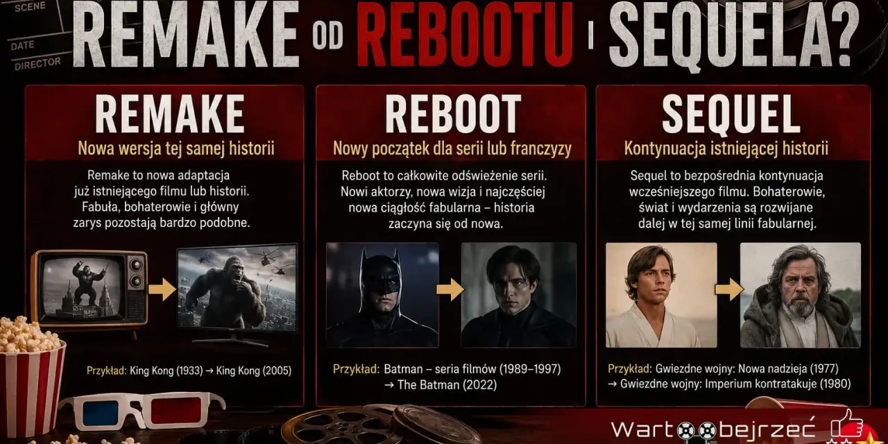Grafika porównuje remake, reboot i sequel filmowy. Reboot to odświeżenie serii, zaczynające historię od nowa.
