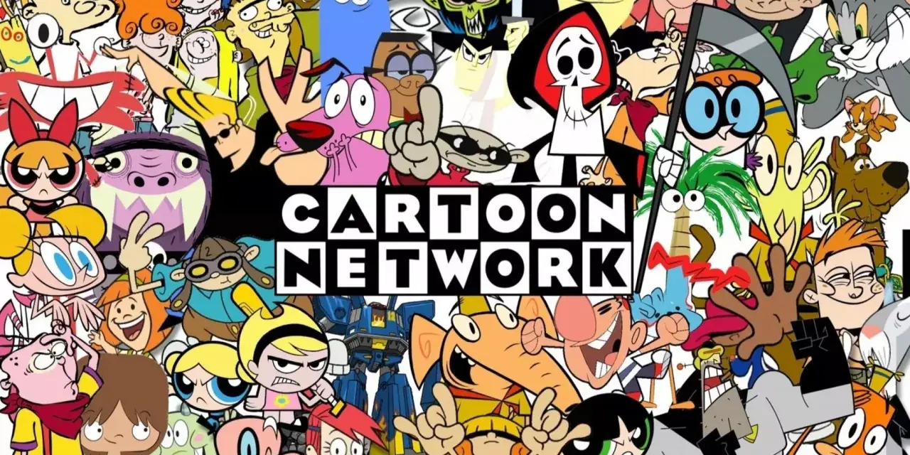 Wesołe postacie z klasycznych cartoon network bajki, w tym Atomówki, Krecik i Dexter, tworzą kolaż wokół logo.