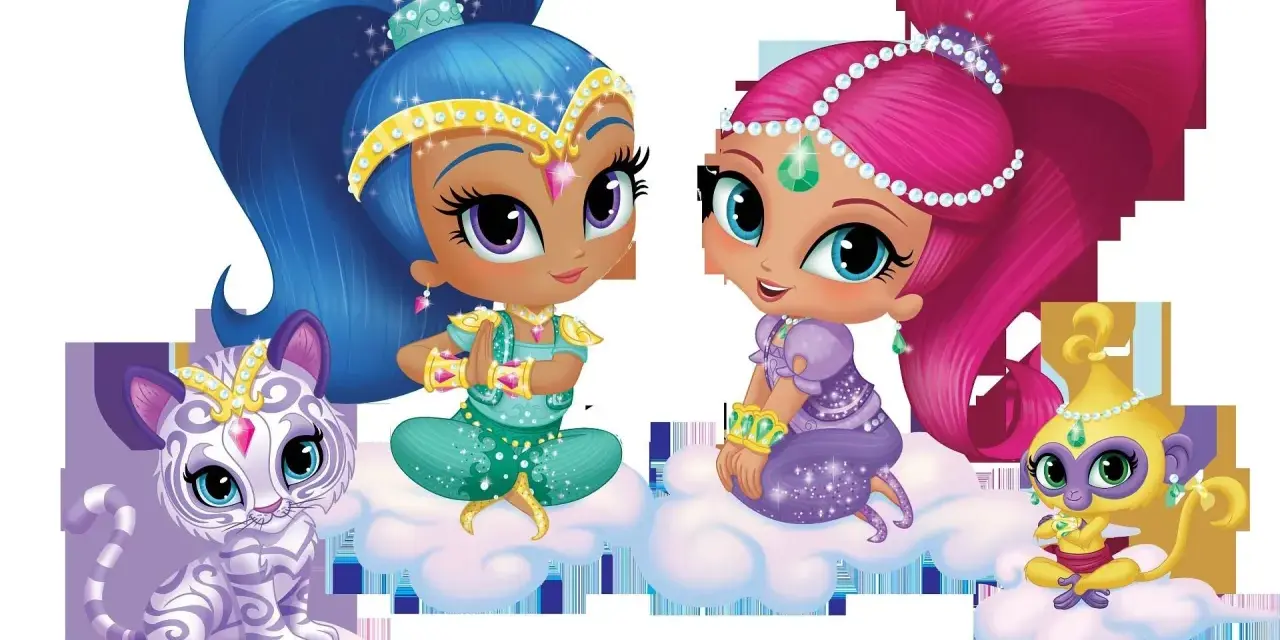 Dwie magiczne dżinny, Shimmer i Shine, siedzą na chmurkach z tygryskiem i małpką. Ich stroje shimmer i shine.