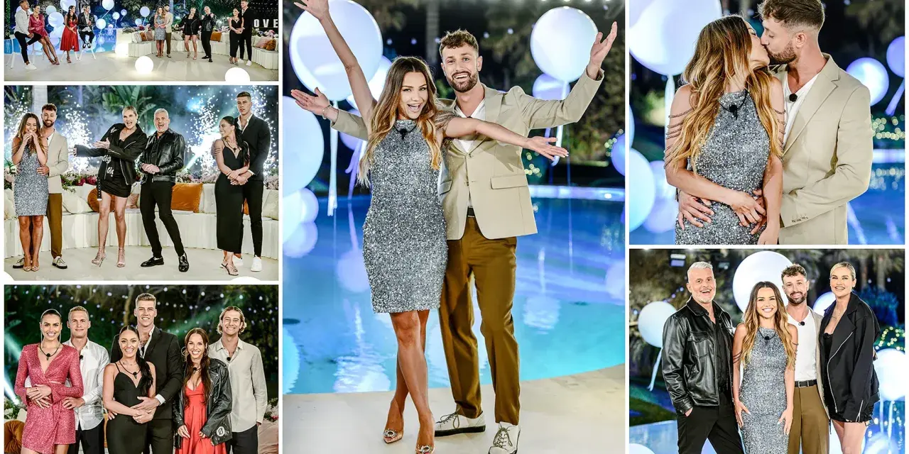 Uczestnicy Love Island 7 w błyszczących kreacjach i eleganckich garniturach pozują do zdjęć. Widać pary, które się całują i grupy przyjaciół.