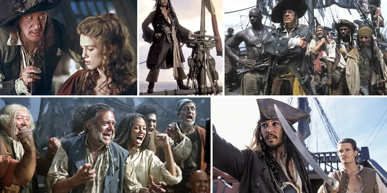 Kolaż scen z filmu "Piraci z Karaibów: Klątwa Czarnej Perły". Kapitan Jack Sparrow i jego załoga w akcji.