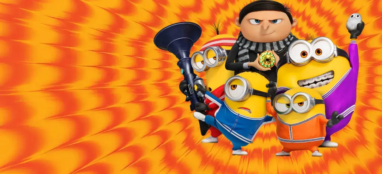 Minionki wejście Gru! Gru trzyma klejnot, a minionki w sportowych strojach pozują z gadżetami.