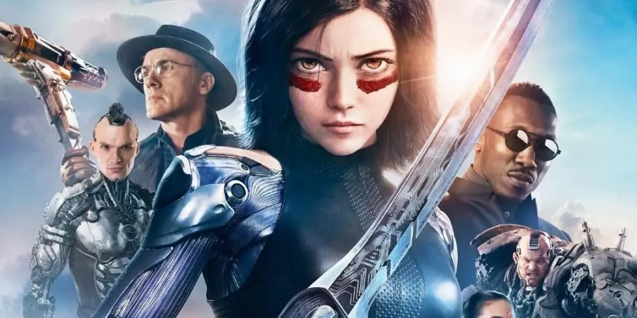 Alita Battle Angel: Alita z mieczem, otoczona przez innych bohaterów, w tym Hugo, Chiren i Ido.
