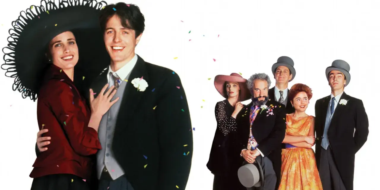 Para cztery wesela i pogrzeb: Hugh Grant i Andie MacDowell w otoczeniu przyjaciół, w tle konfetti.
