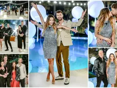 Uczestnicy Love Island 7 w błyszczących kreacjach i eleganckich garniturach pozują do zdjęć. Widać pary, które się całują i grupy przyjaciół.