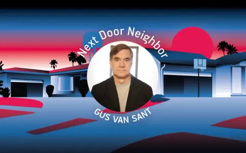 Gus Van Sant, "Next Door Neighbor". W jego oczach widać niepokój ostatnich dni. Stylizowana grafika z palmami i domami.