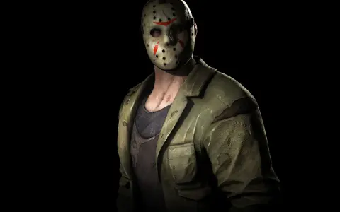Jason Voorhees w swojej charakterystycznej masce hokejowej i zniszczonej kurtce, gotowy do akcji.