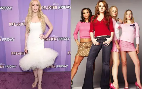 Lindsay Lohan w białej sukni i jako Regina George z "Wrednych dziewczyn".