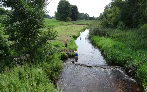 Dwóch mężczyzn w kąpielówkach pluska się w rzece, czując się jak u pana boga w ogródku. Otacza ich bujna zieleń i spokój natury.
