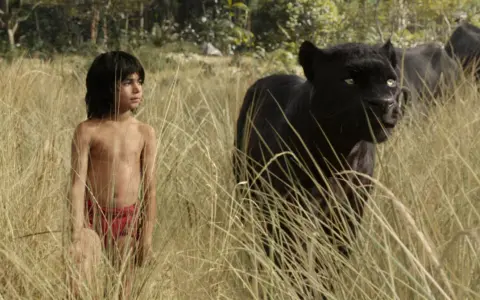 Mowgli stoi w wysokiej trawie obok czarnej pantery.