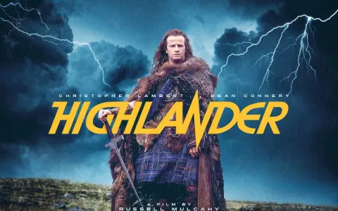 Christopher Lambert jako nieśmiertelny highlander z mieczem, na tle burzowego nieba z piorunami.