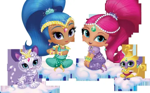 Dwie magiczne dżinny, Shimmer i Shine, siedzą na chmurkach z tygryskiem i małpką. Ich stroje shimmer i shine.