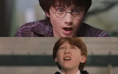 Harry Potter i Ron Weasley, dwaj młodzi bohaterowie, przeżywają chwile zaskoczenia.