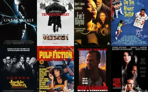 Kolaż plakatów filmowych z Samuel L. Jacksonem: "Unbreakable", "The Hateful Eight", "Eve's Bayou", "Do the Right Thing", "Jackie Brown", "Pulp Fiction", "Die Hard with a Vengeance", "A Time to Kill".