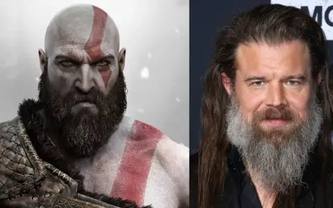 Kratos, bóg wojny, obok aktora przypominającego go wyglądem.