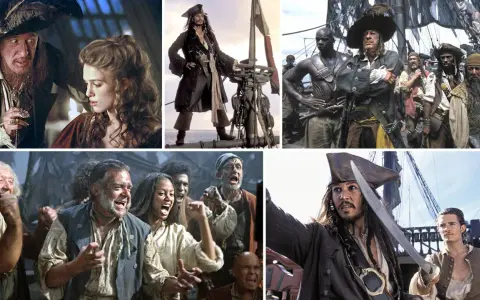 Kolaż scen z filmu "Piraci z Karaibów: Klątwa Czarnej Perły". Kapitan Jack Sparrow i jego załoga w akcji.