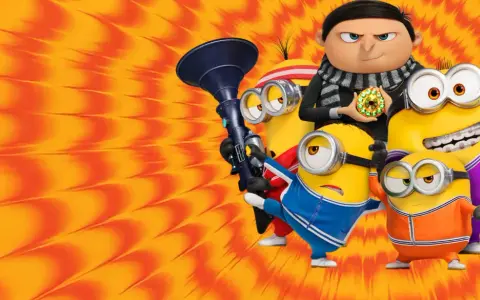 Minionki wejście Gru! Gru trzyma klejnot, a minionki w sportowych strojach pozują z gadżetami.