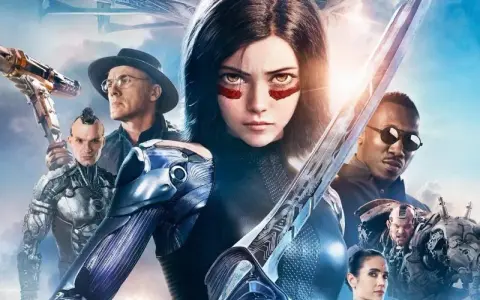Alita Battle Angel: Alita z mieczem, otoczona przez innych bohaterów, w tym Hugo, Chiren i Ido.