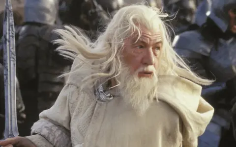 Gandalf z długą, siwą brodą i włosami, w białym płaszczu, gotowy do walki.