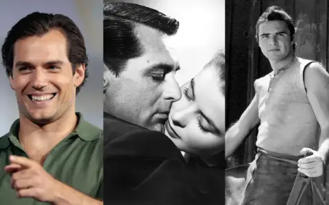 Uśmiechnięty Henry Cavill obok klasycznych scen filmowych.