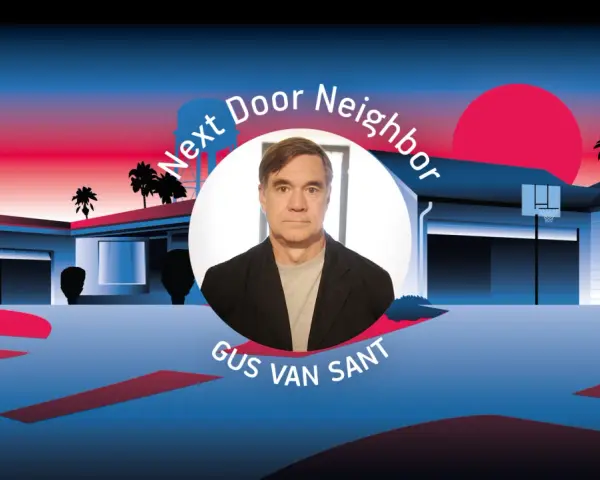 Gus Van Sant, "Next Door Neighbor". W jego oczach widać niepokój ostatnich dni. Stylizowana grafika z palmami i domami.