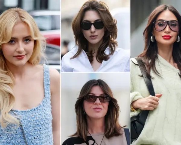 Kolaż zdjęć kobiet z różnymi fryzurami i grzywkami w stylu Hollywood.