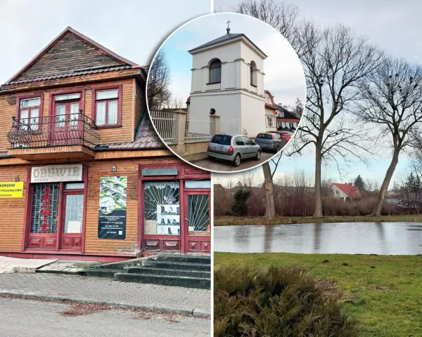 Drewniany budynek z szyldem "Nacho" i dzwonnica, gdzie nagrywali nowego znachora. W tle staw i drzewa.
