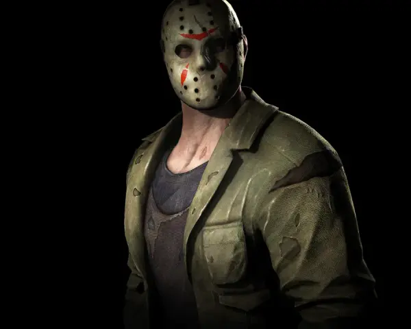 Jason Voorhees w swojej charakterystycznej masce hokejowej i zniszczonej kurtce, gotowy do akcji.