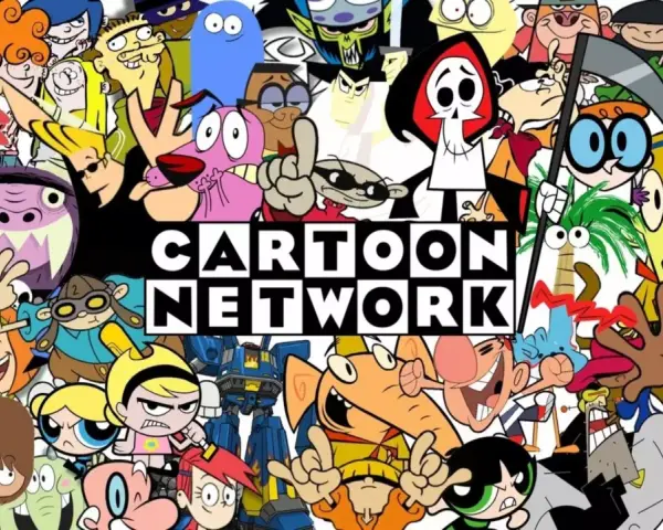 Wesołe postacie z klasycznych cartoon network bajki, w tym Atomówki, Krecik i Dexter, tworzą kolaż wokół logo.
