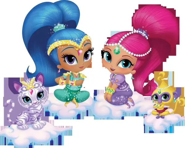 Dwie magiczne dżinny, Shimmer i Shine, siedzą na chmurkach z tygryskiem i małpką. Ich stroje shimmer i shine.