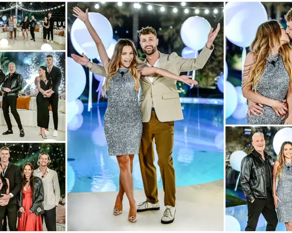 Uczestnicy Love Island 7 w błyszczących kreacjach i eleganckich garniturach pozują do zdjęć. Widać pary, które się całują i grupy przyjaciół.