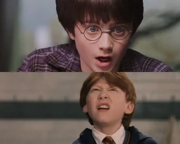 Harry Potter i Ron Weasley, dwaj młodzi bohaterowie, przeżywają chwile zaskoczenia.