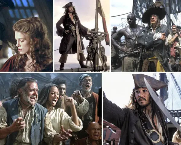 Kolaż scen z filmu "Piraci z Karaibów: Klątwa Czarnej Perły". Kapitan Jack Sparrow i jego załoga w akcji.
