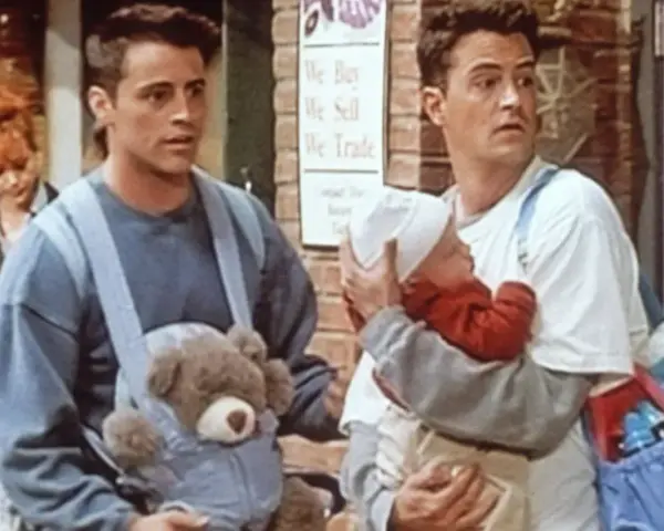 Chandler i Joey z dzieckiem i misiem w nosidełku. Chandler wygląda na lekko zaniepokojonego.