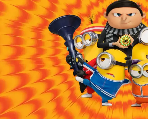 Minionki wejście Gru! Gru trzyma klejnot, a minionki w sportowych strojach pozują z gadżetami.