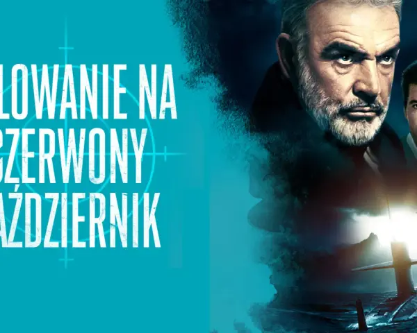 Plakat filmu "Polowanie na Czerwony Październik" z Seanem Connerym i Alec'iem Baldwinem. Na pierwszym planie okręt podwodny na wzburzonym morzu.