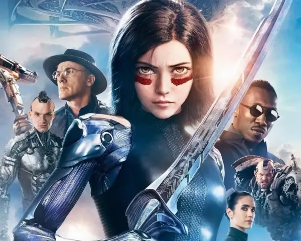 Alita Battle Angel: Alita z mieczem, otoczona przez innych bohaterów, w tym Hugo, Chiren i Ido.