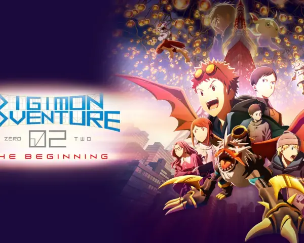 Grupa młodych bohaterów i ich Digimonów w mieście, z logo "Digimon Adventure 02: The Beginning".