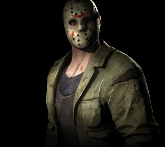 Jason Voorhees w swojej charakterystycznej masce hokejowej i zniszczonej kurtce, gotowy do akcji.