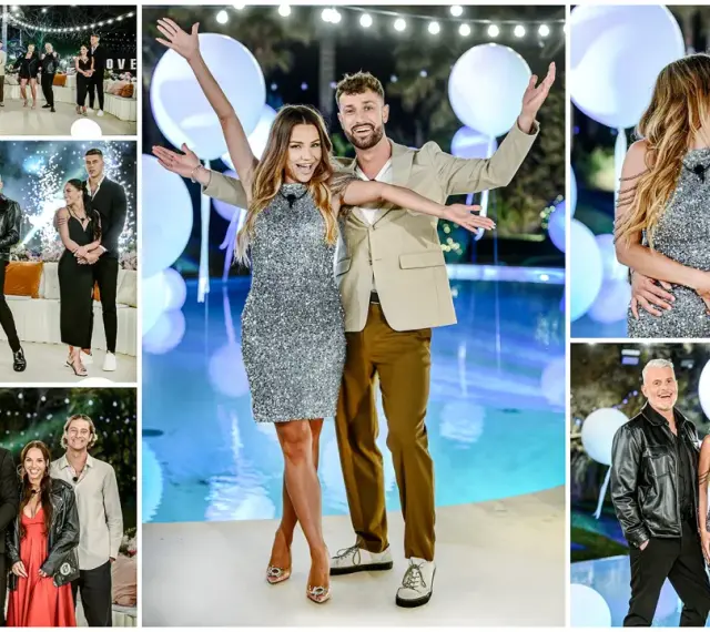 Uczestnicy Love Island 7 w błyszczących kreacjach i eleganckich garniturach pozują do zdjęć. Widać pary, które się całują i grupy przyjaciół.