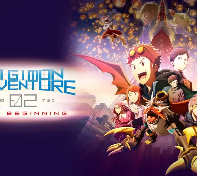 Grupa młodych bohaterów i ich Digimonów w mieście, z logo "Digimon Adventure 02: The Beginning".