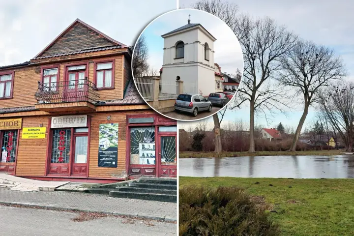Drewniany budynek z szyldem "Nacho" i dzwonnica, gdzie nagrywali nowego znachora. W tle staw i drzewa.
